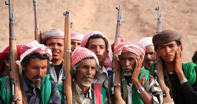 Yemenis belonging to the Bagefer tribe attend a wedding ceremony at Wadi Lesser in Hadramout
